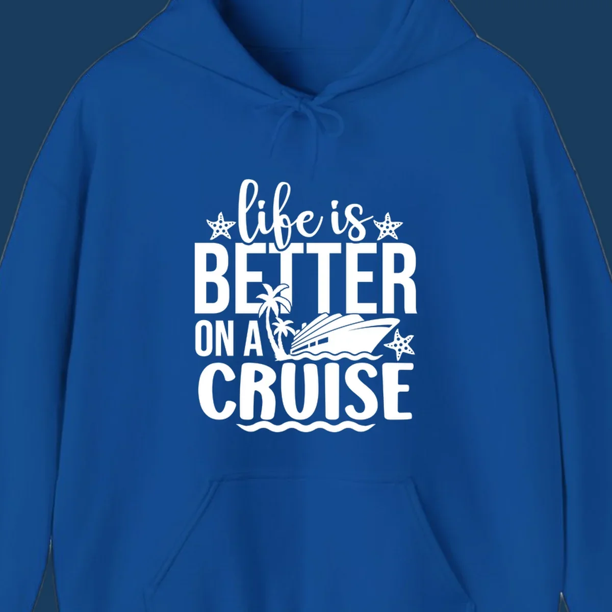 Life is better on a cruise text with starfish, palm trees, and cruise ship illustration.