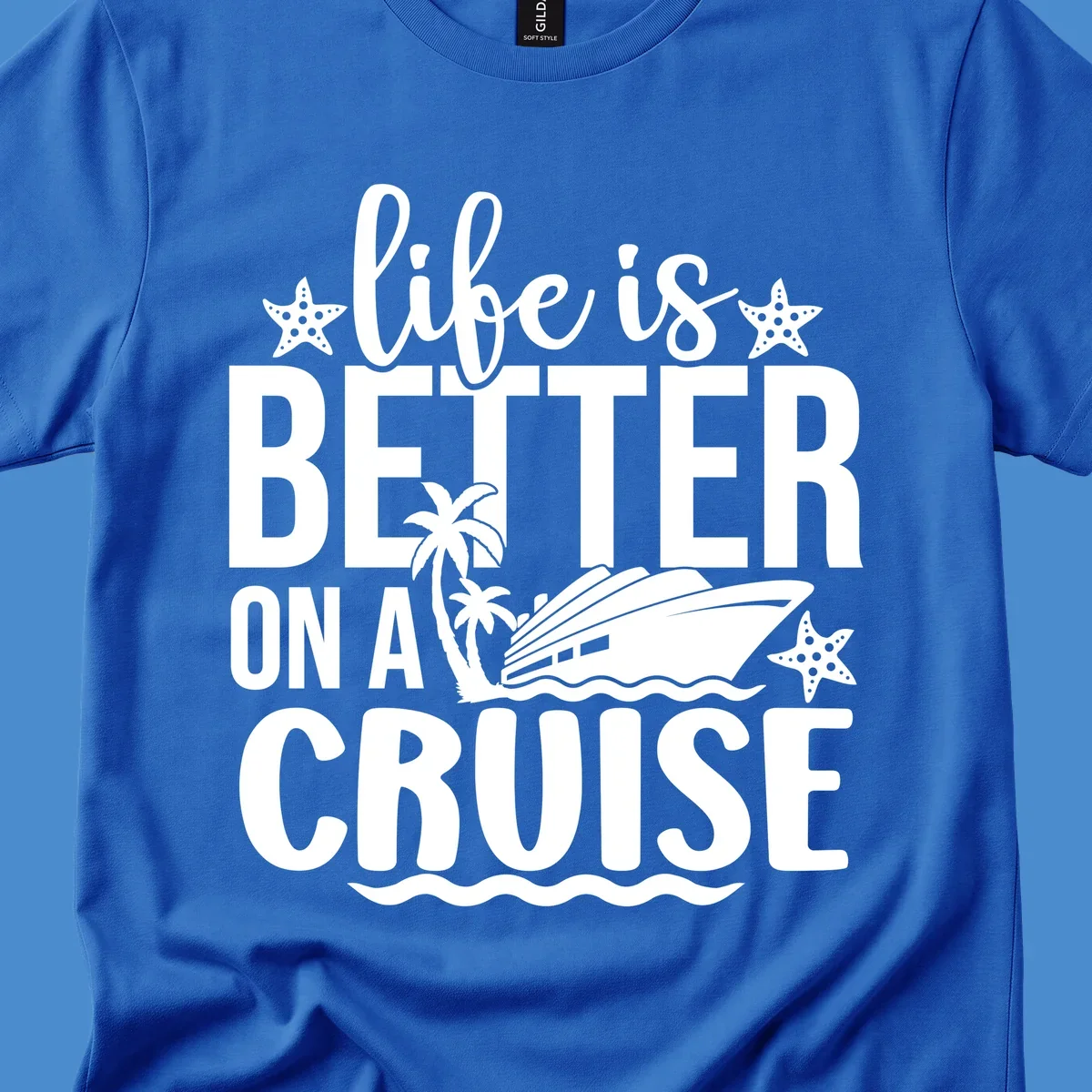 Life is better on a cruise text with starfish, palm trees, and cruise ship illustration.
