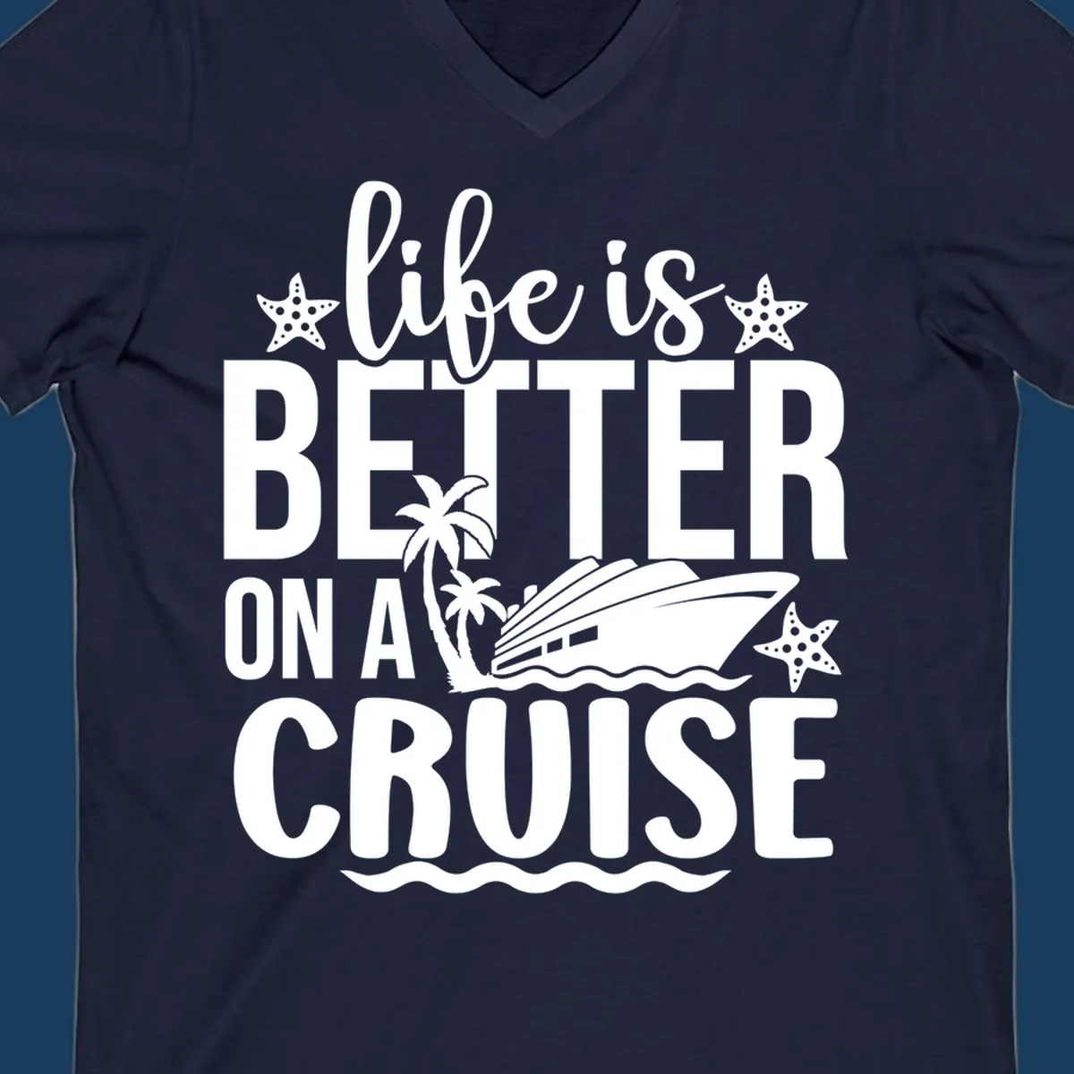 Life is better on a cruise text with starfish, palm trees, and cruise ship illustration.