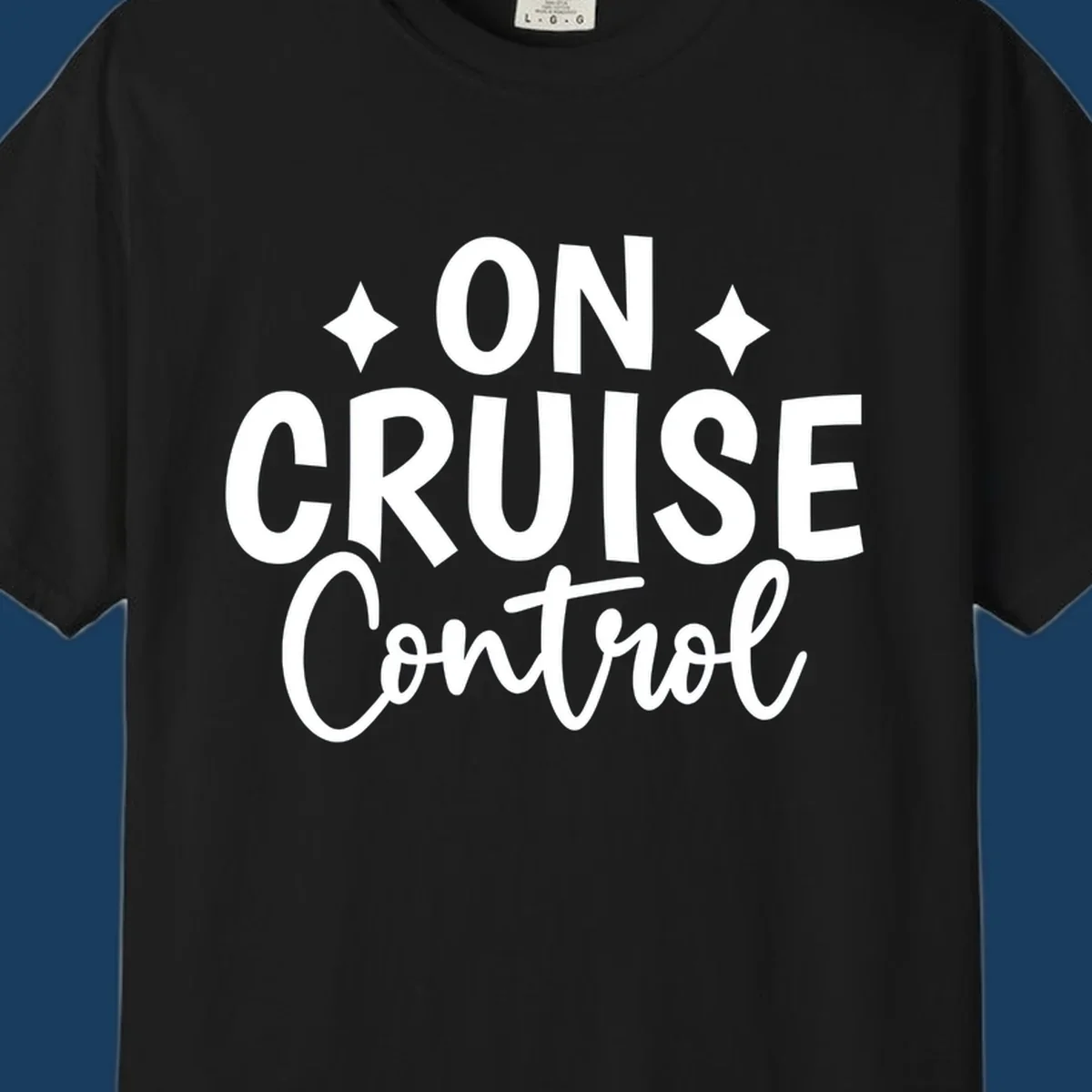 On Cruise Control phrase with starbursts, typography design