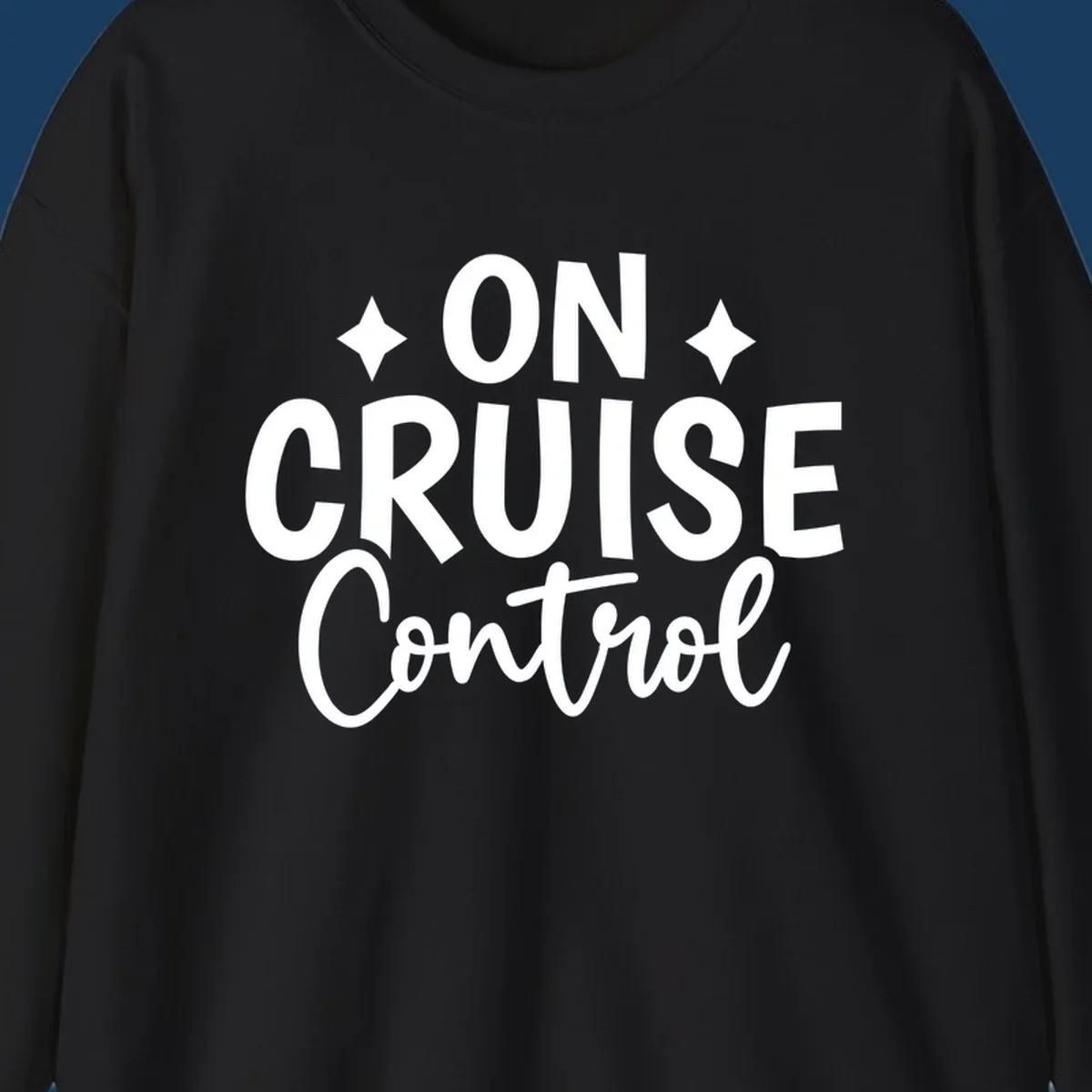 On Cruise Control phrase with starbursts, typography design