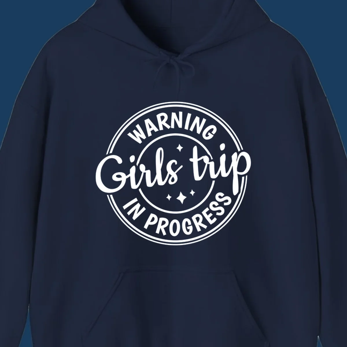 Girls trip in progress warning badge design with text and stars.