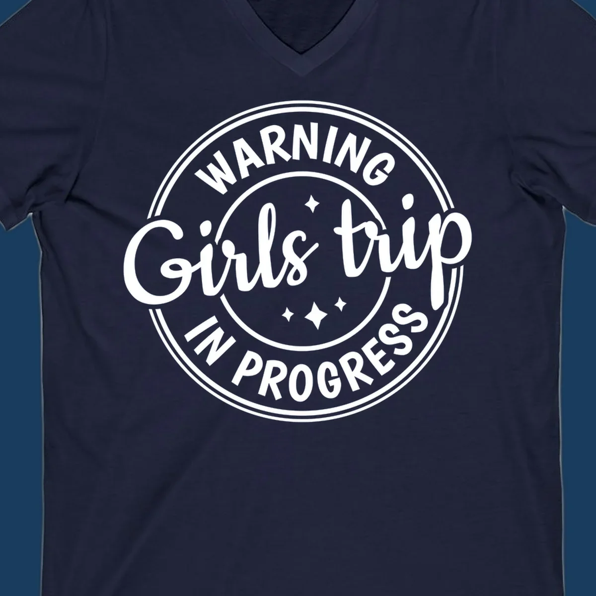 Girls trip in progress warning badge design with text and stars.