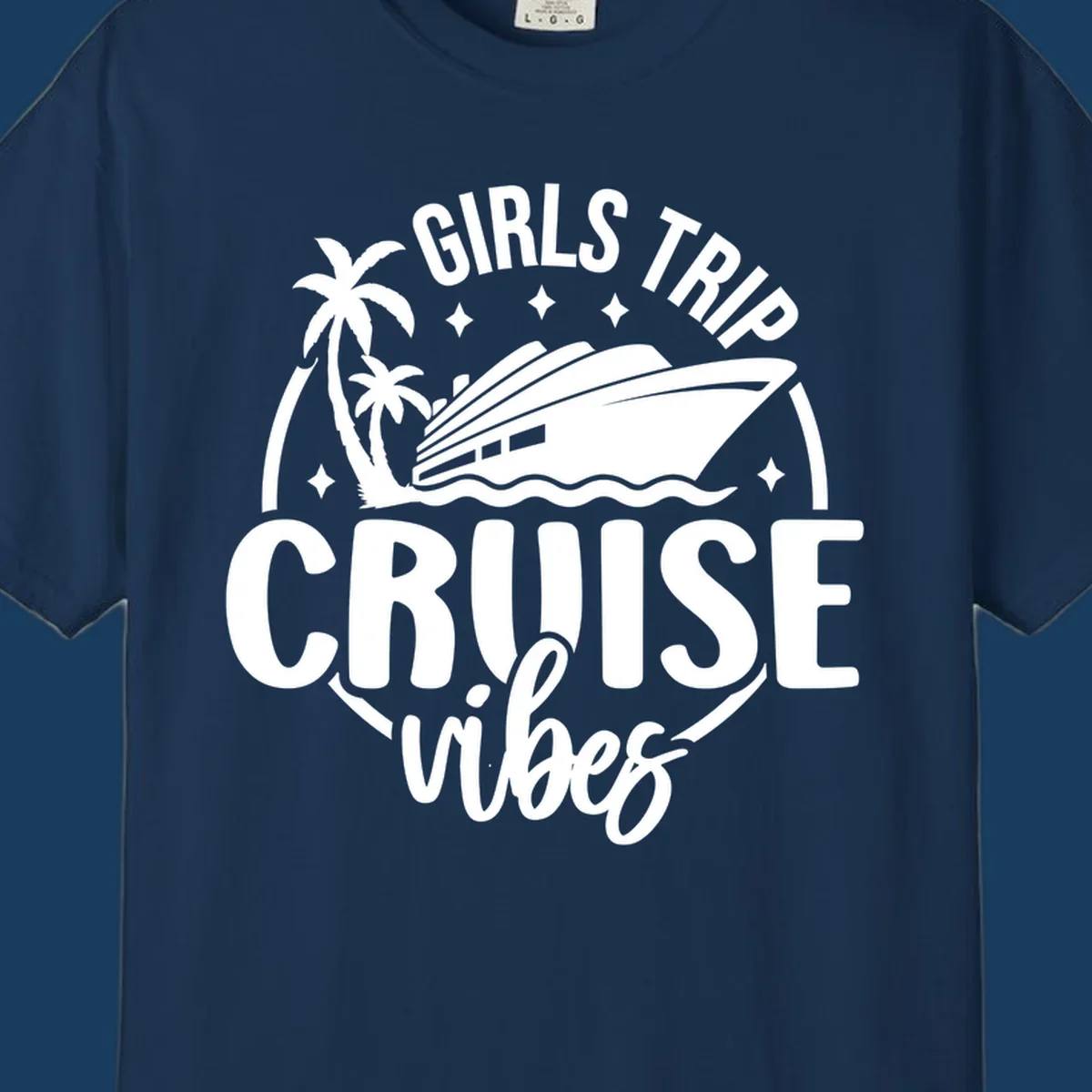 Girls trip cruise design with a ship, palm trees, and text.