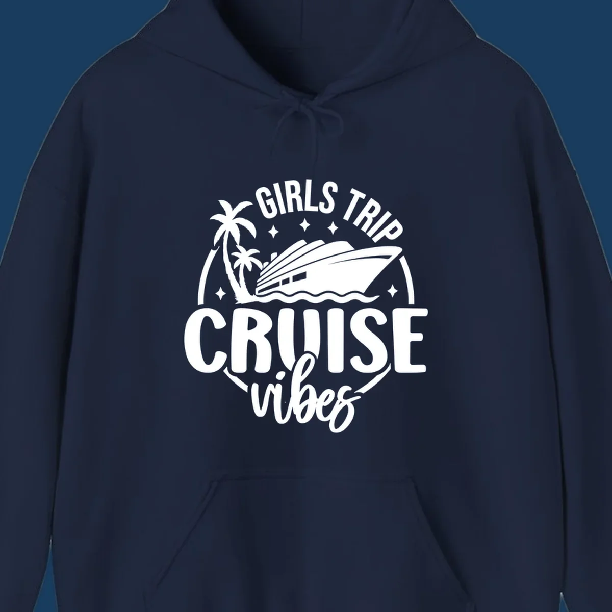 Girls trip cruise design with a ship, palm trees, and text.
