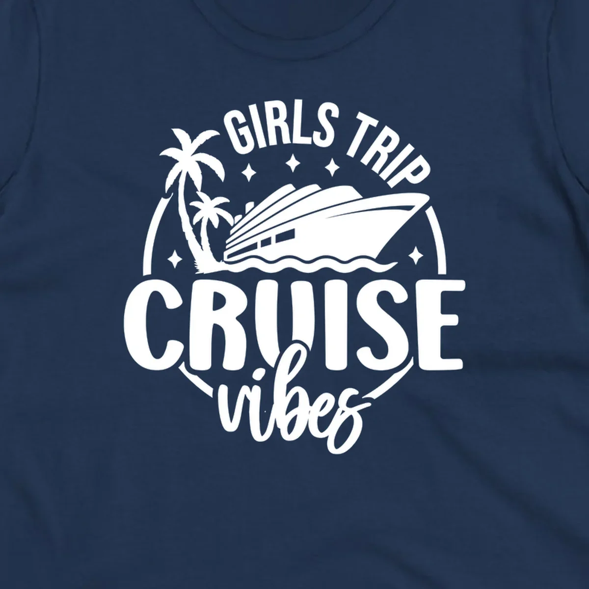Girls trip cruise design with a ship, palm trees, and text.