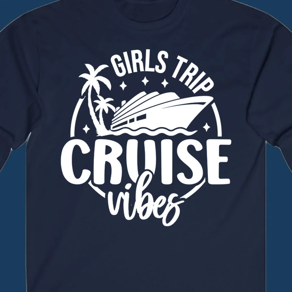 Girls trip cruise design with a ship, palm trees, and text.
