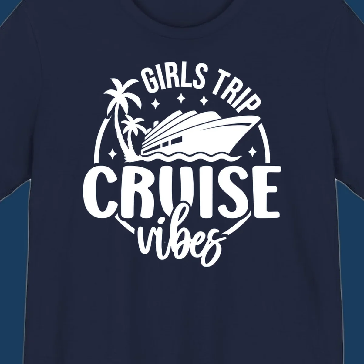 Girls trip cruise design with a ship, palm trees, and text.