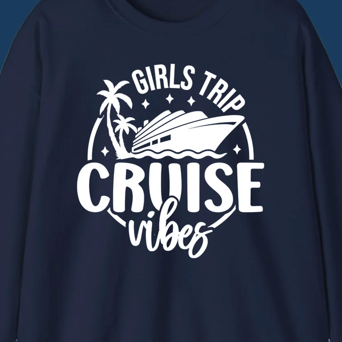 Girls trip cruise design with a ship, palm trees, and text.