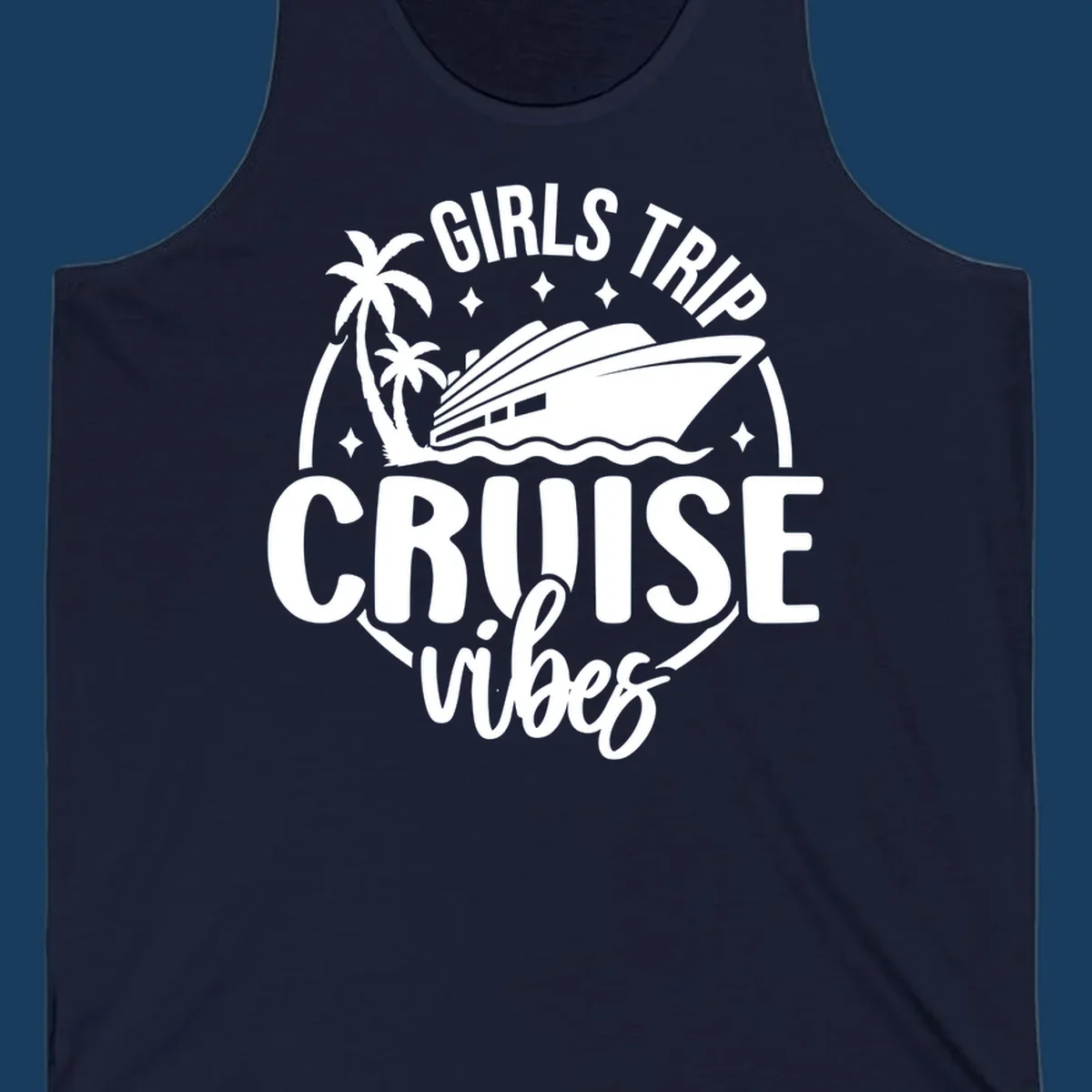 Girls trip cruise design with a ship, palm trees, and text.