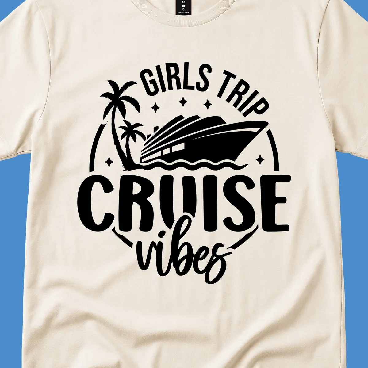 Girls trip cruise design with a ship, palm trees, and text.