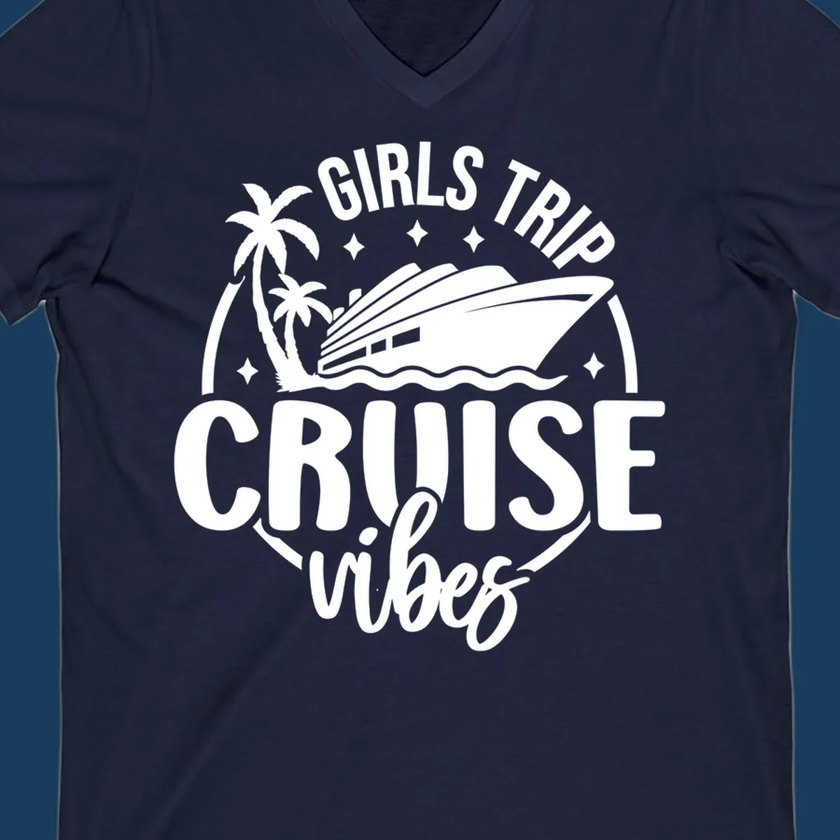 Girls trip cruise design with a ship, palm trees, and text.