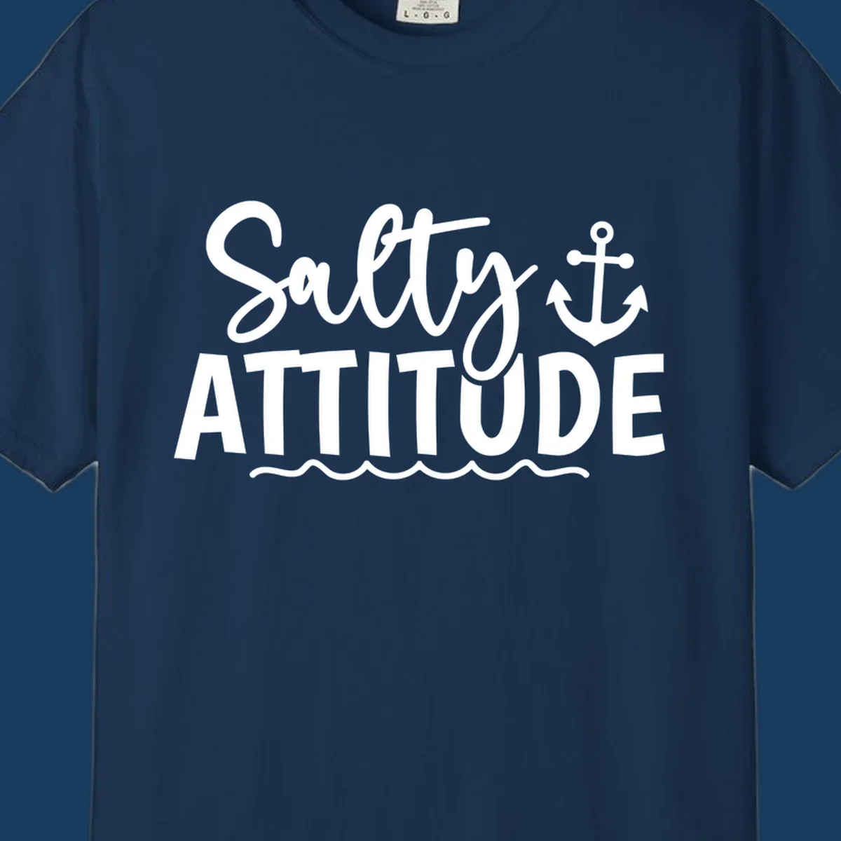 Salty Attitude text with anchor and waves, nautical theme.