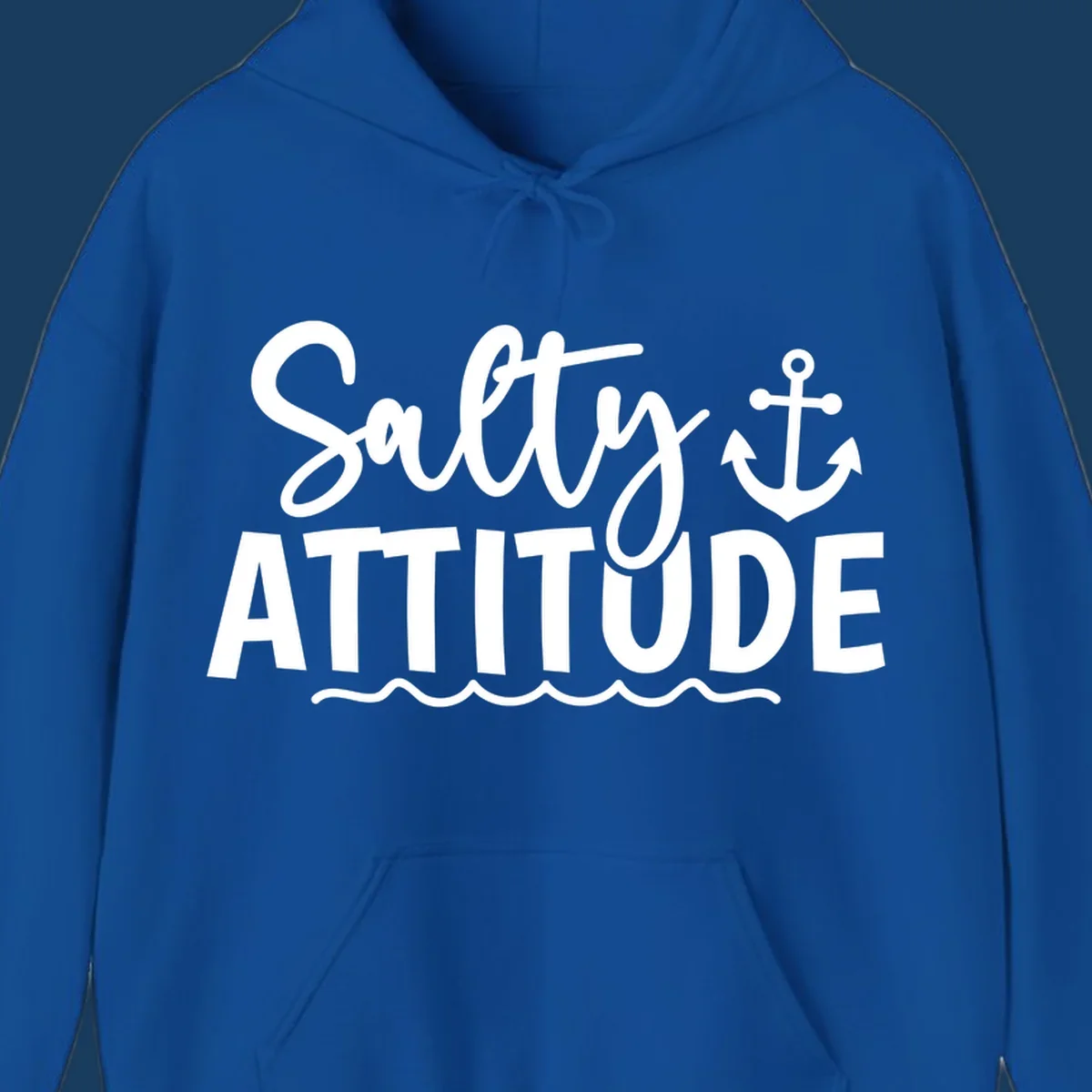Salty Attitude text with anchor and waves, nautical theme.