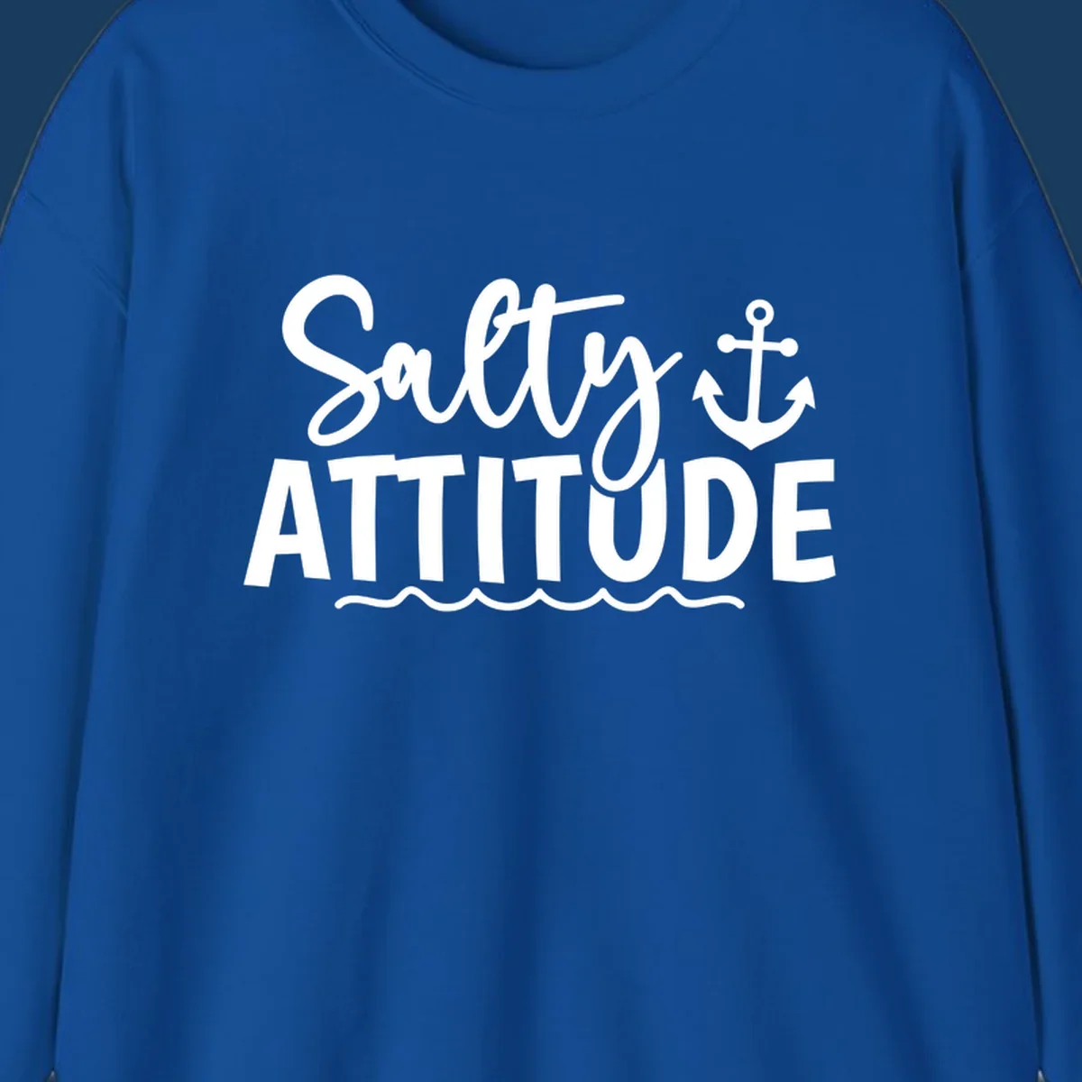 Salty Attitude text with anchor and waves, nautical theme.