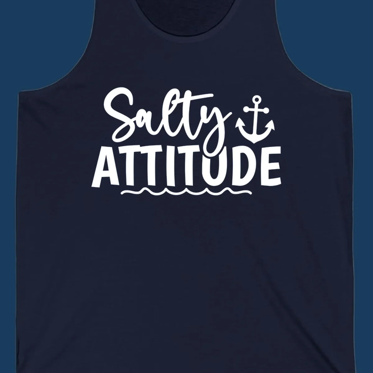 Salty Attitude text with anchor and waves, nautical theme.