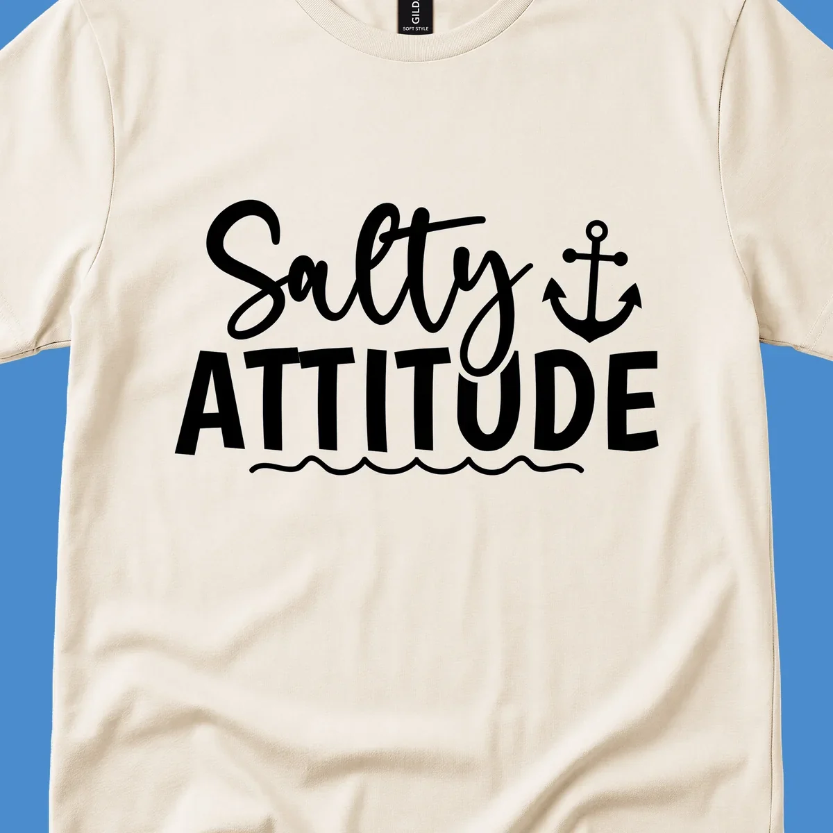 Salty Attitude text with anchor and waves, nautical theme.