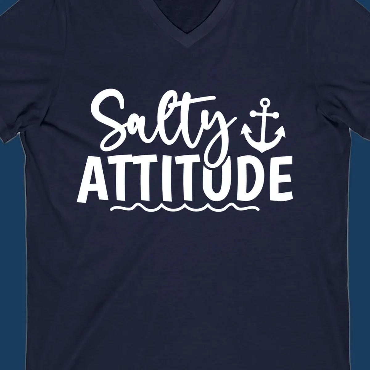 Salty Attitude text with anchor and waves, nautical theme.