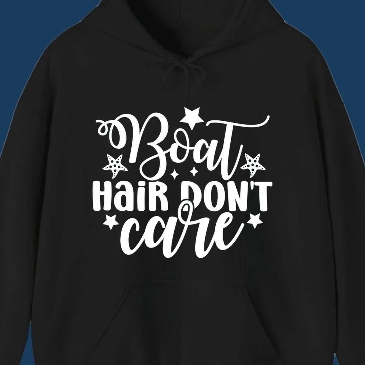 Boat Hair Don't Care text with starfish and stars, for a funny cruise theme.