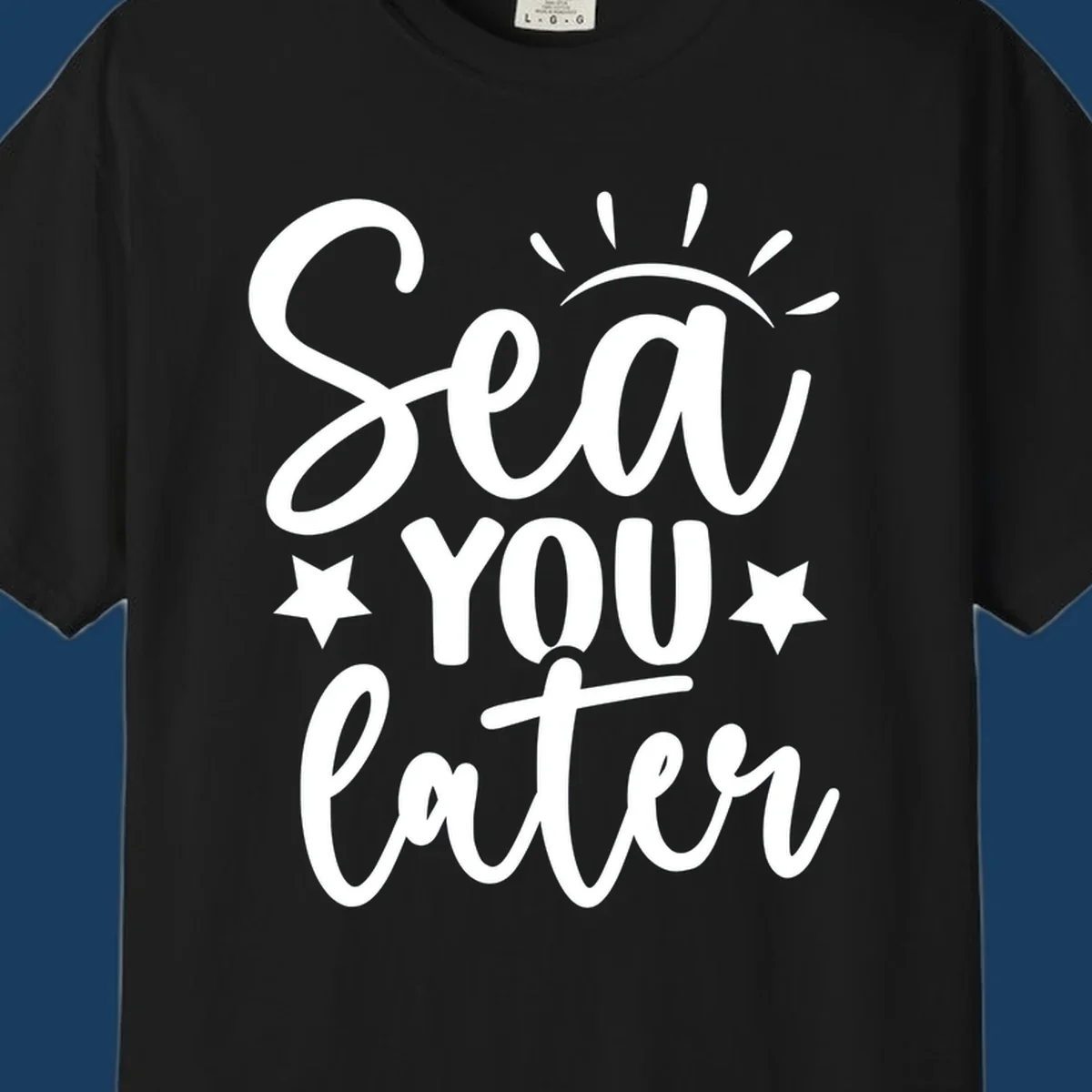 Sea You Later cruise pun design with sun rays and stars.