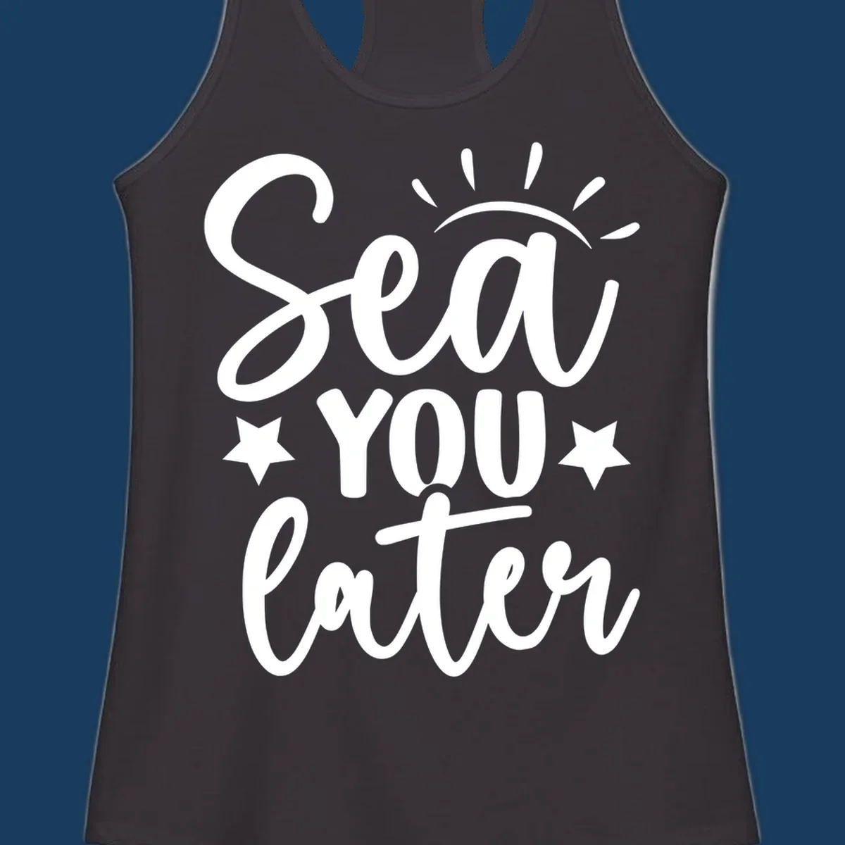 Sea You Later cruise pun design with sun rays and stars.