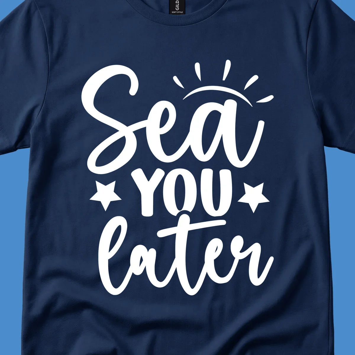 Sea You Later cruise pun design with sun rays and stars.