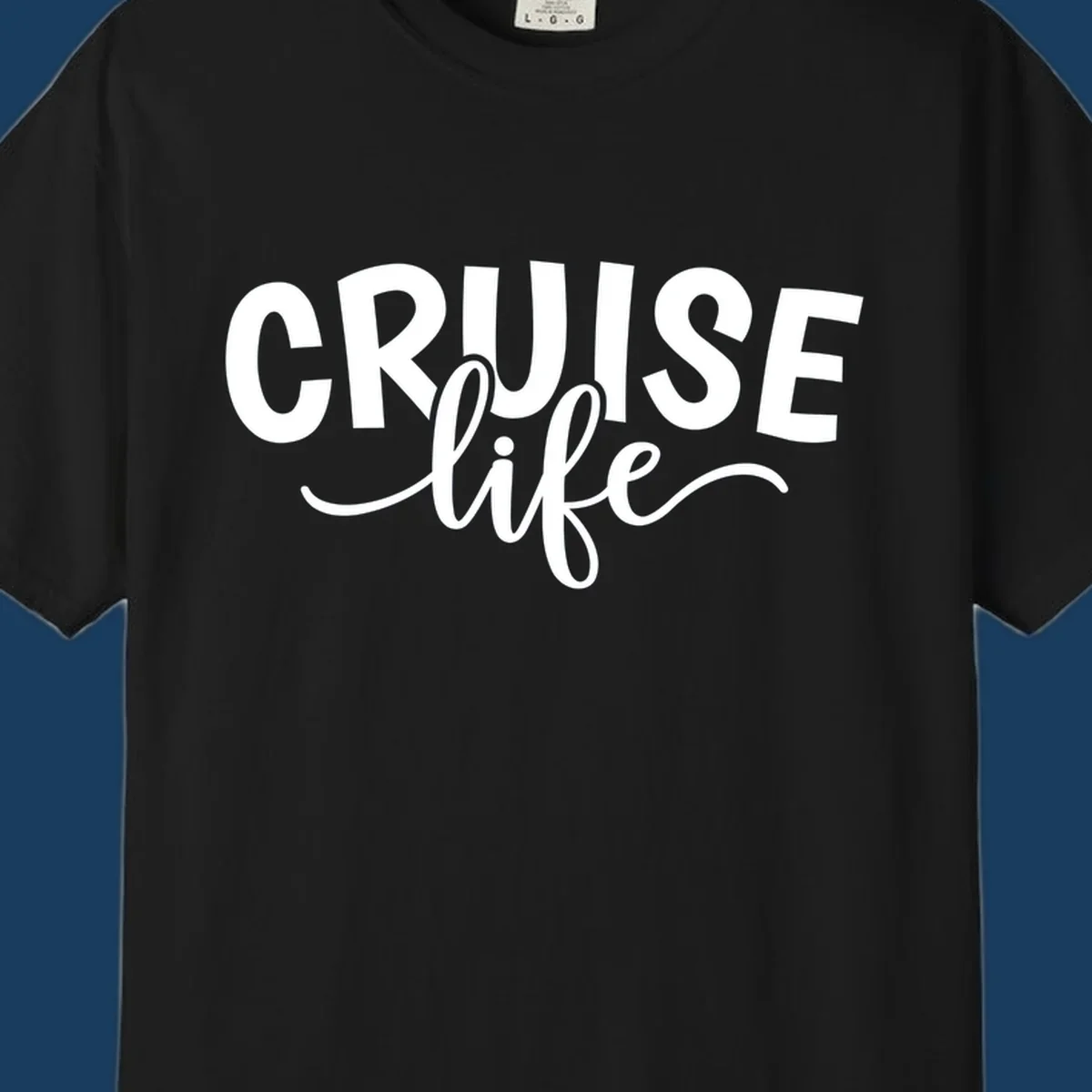 Cruise life text in bold and script fonts. Available in white on black and black on white.