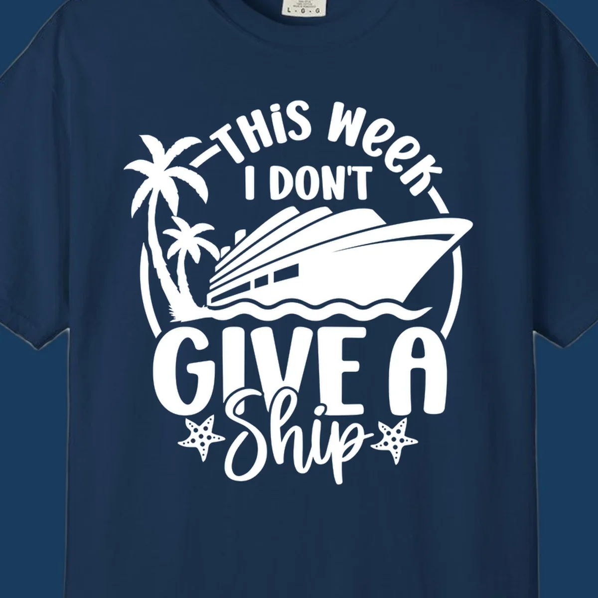 Give a ship cruise vacation design with ship, palm trees, and starfish.
