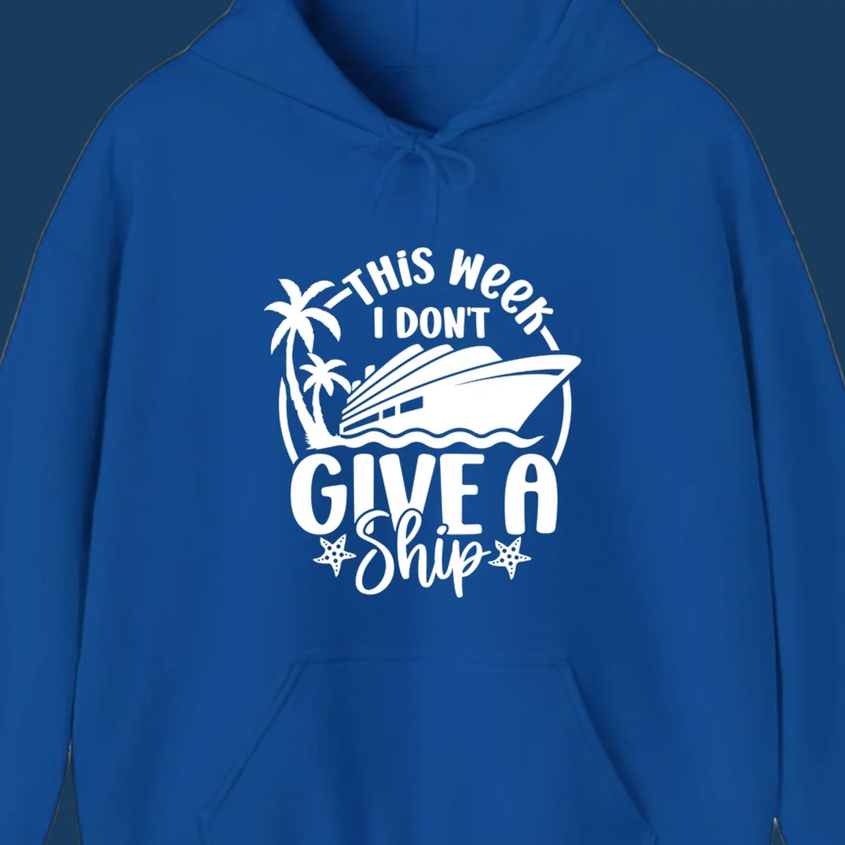 Give a ship cruise vacation design with ship, palm trees, and starfish.