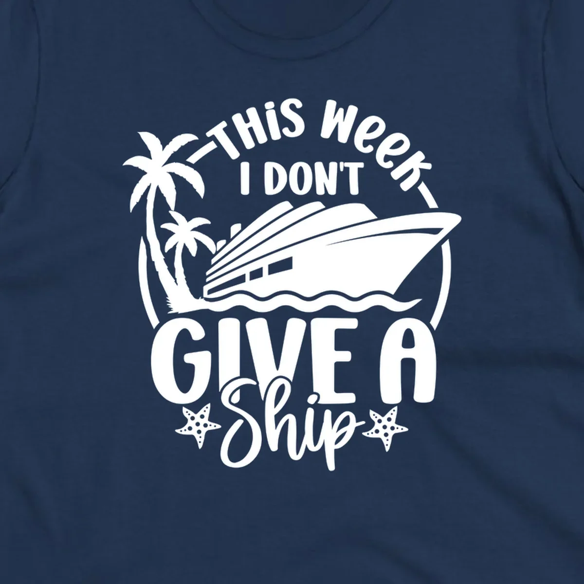 Give a ship cruise vacation design with ship, palm trees, and starfish.