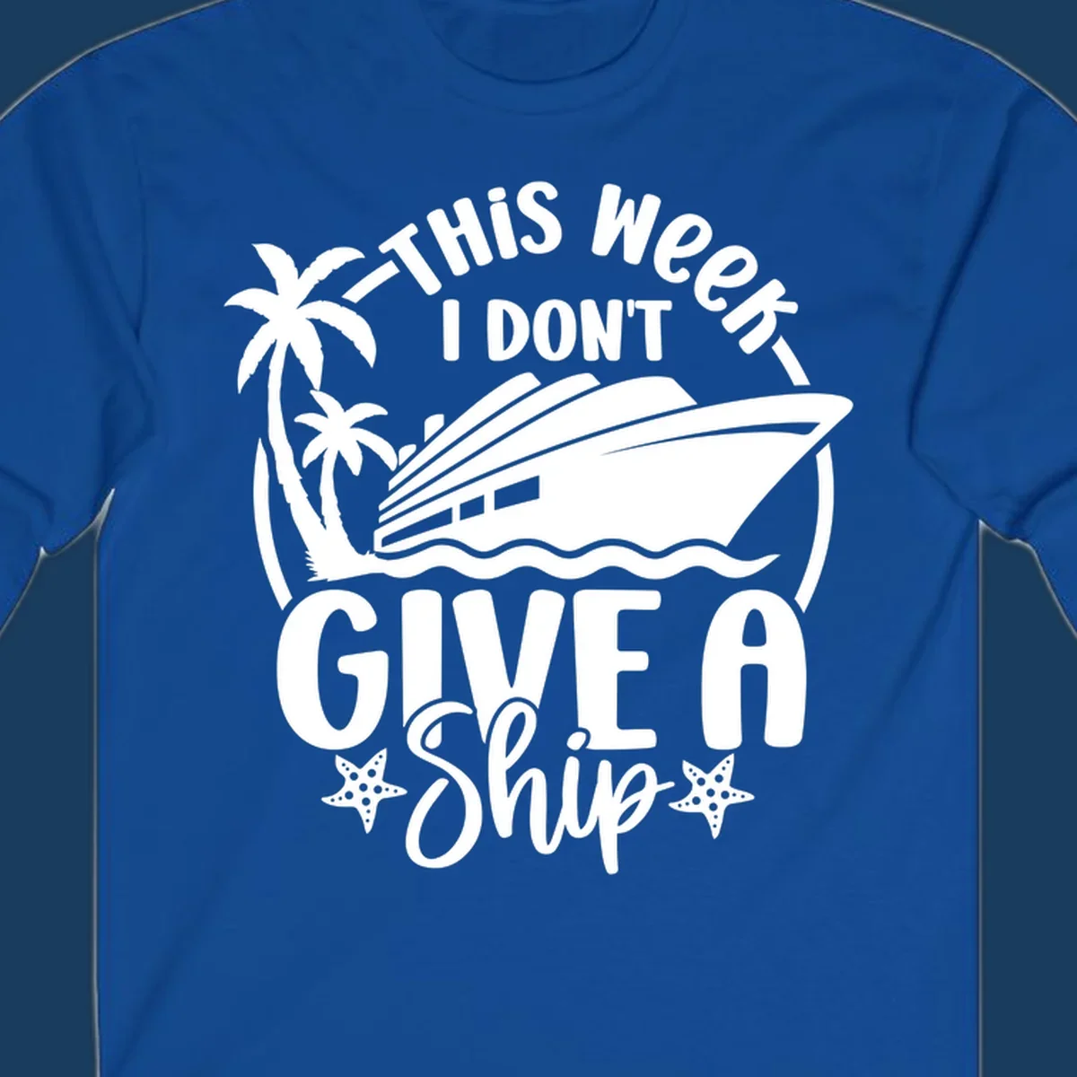 Give a ship cruise vacation design with ship, palm trees, and starfish.