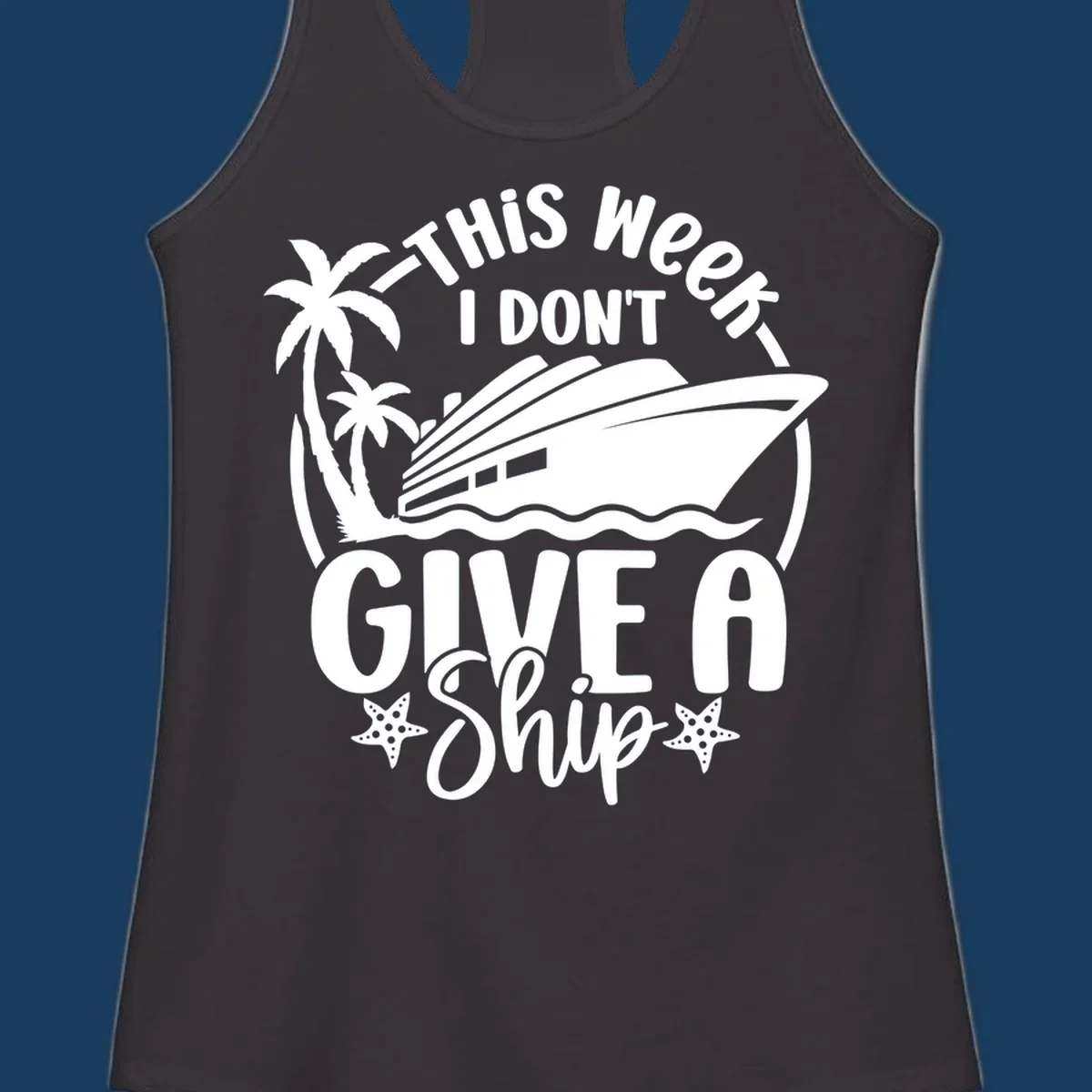 Give a ship cruise vacation design with ship, palm trees, and starfish.