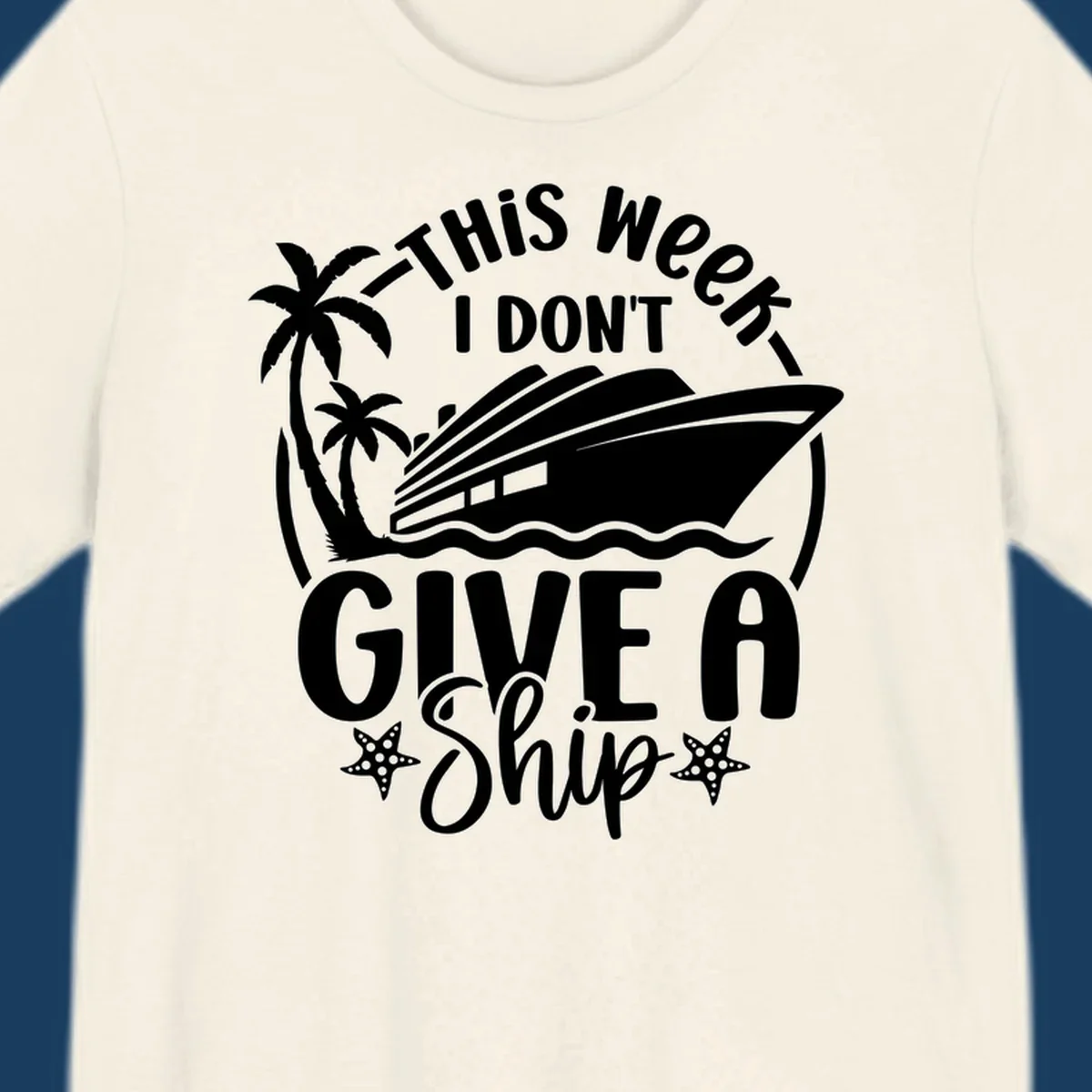 Give a ship cruise vacation design with ship, palm trees, and starfish.