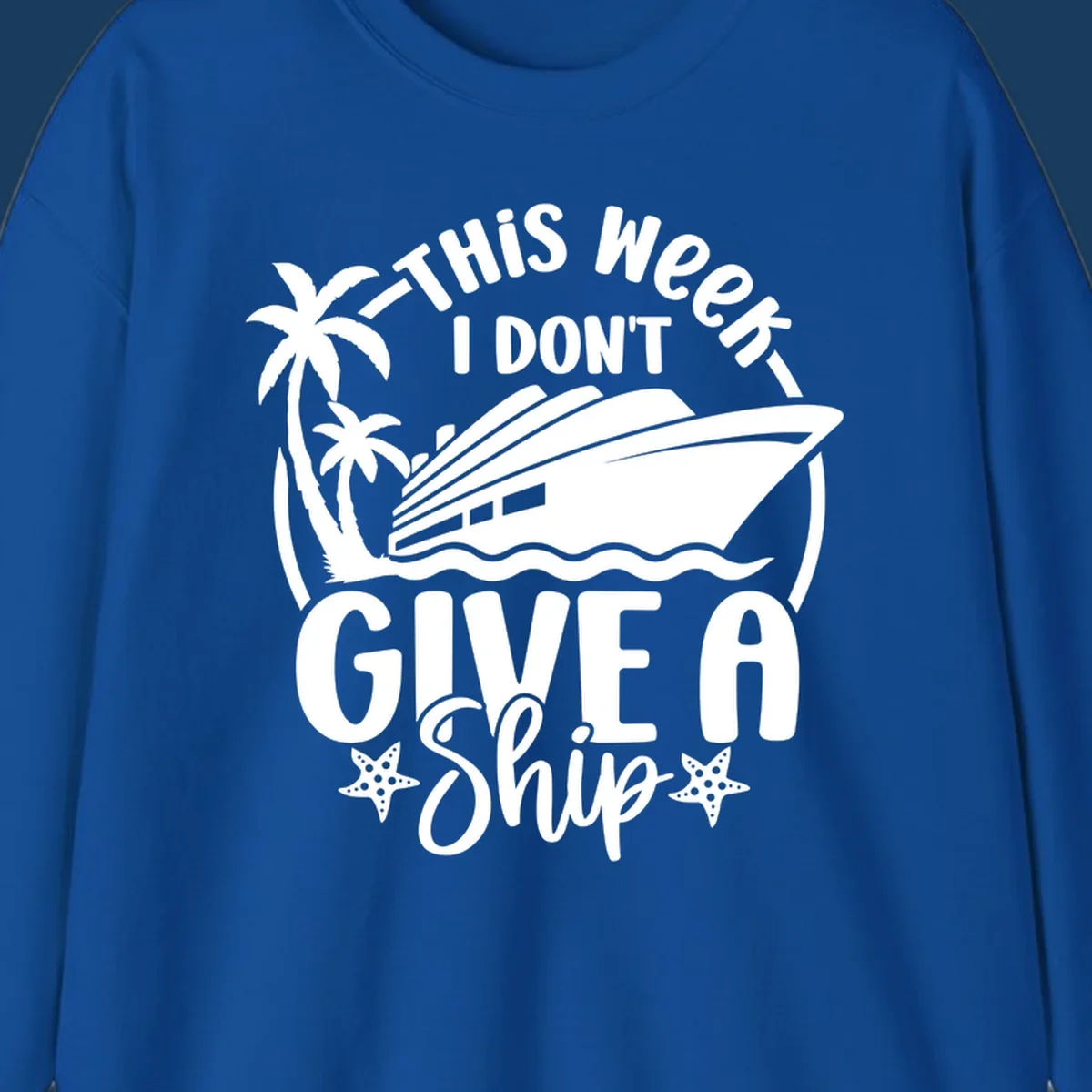Give a ship cruise vacation design with ship, palm trees, and starfish.