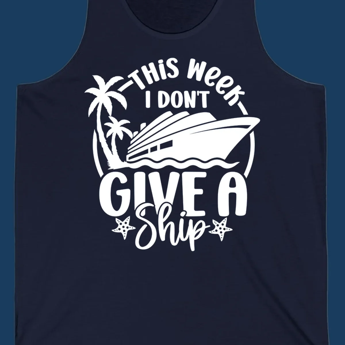 Give a ship cruise vacation design with ship, palm trees, and starfish.