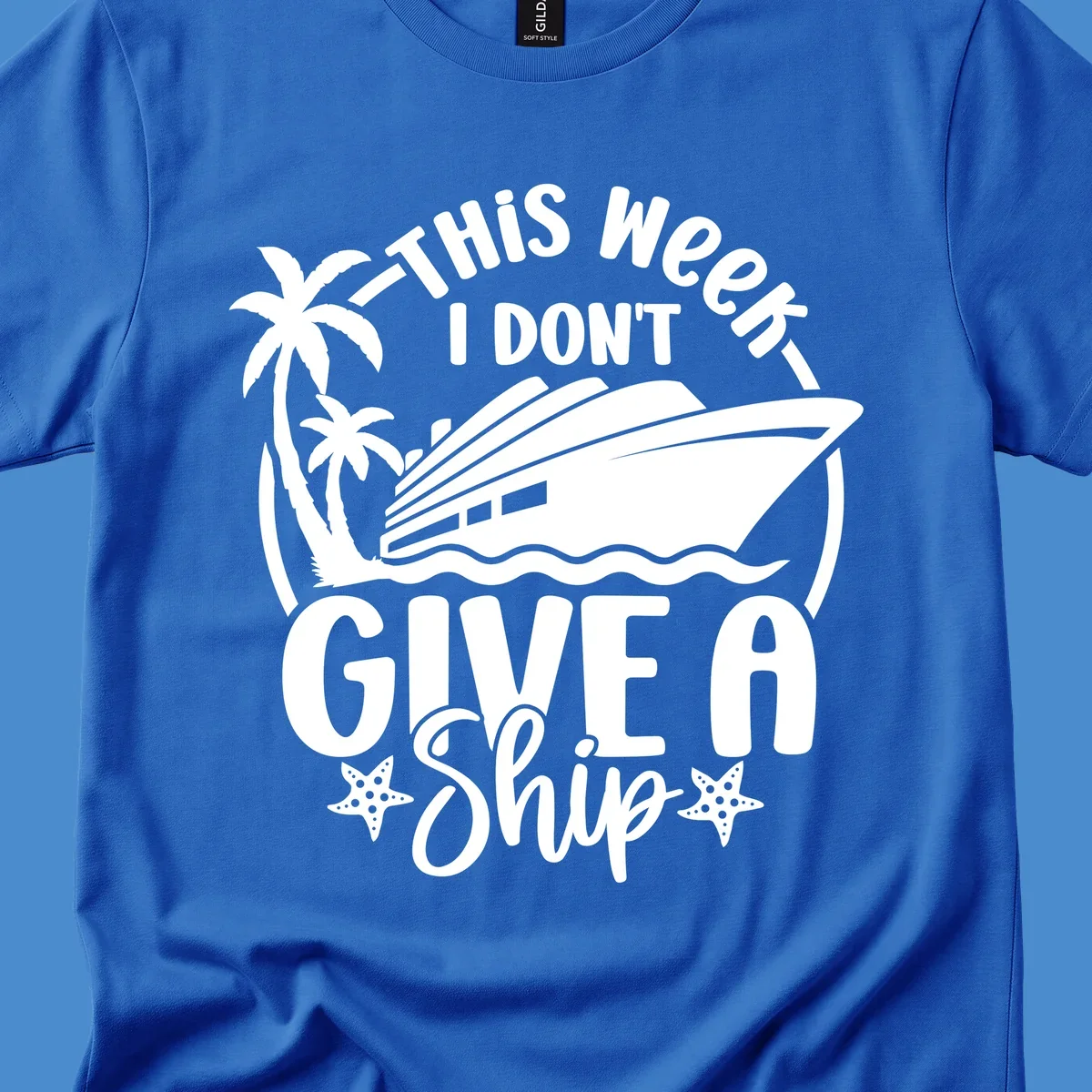 Give a ship cruise vacation design with ship, palm trees, and starfish.