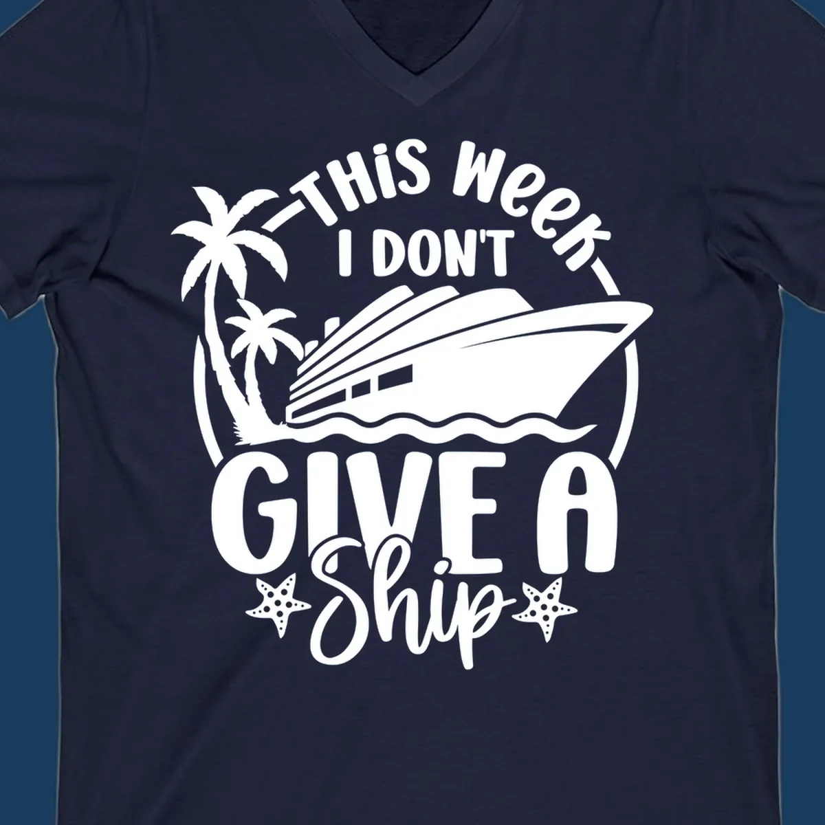 Give a ship cruise vacation design with ship, palm trees, and starfish.