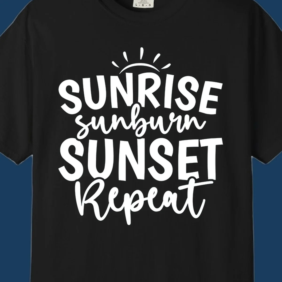 Typography design with phrase Sunrise Sunburn Sunset Repeat and sun rays graphic.
