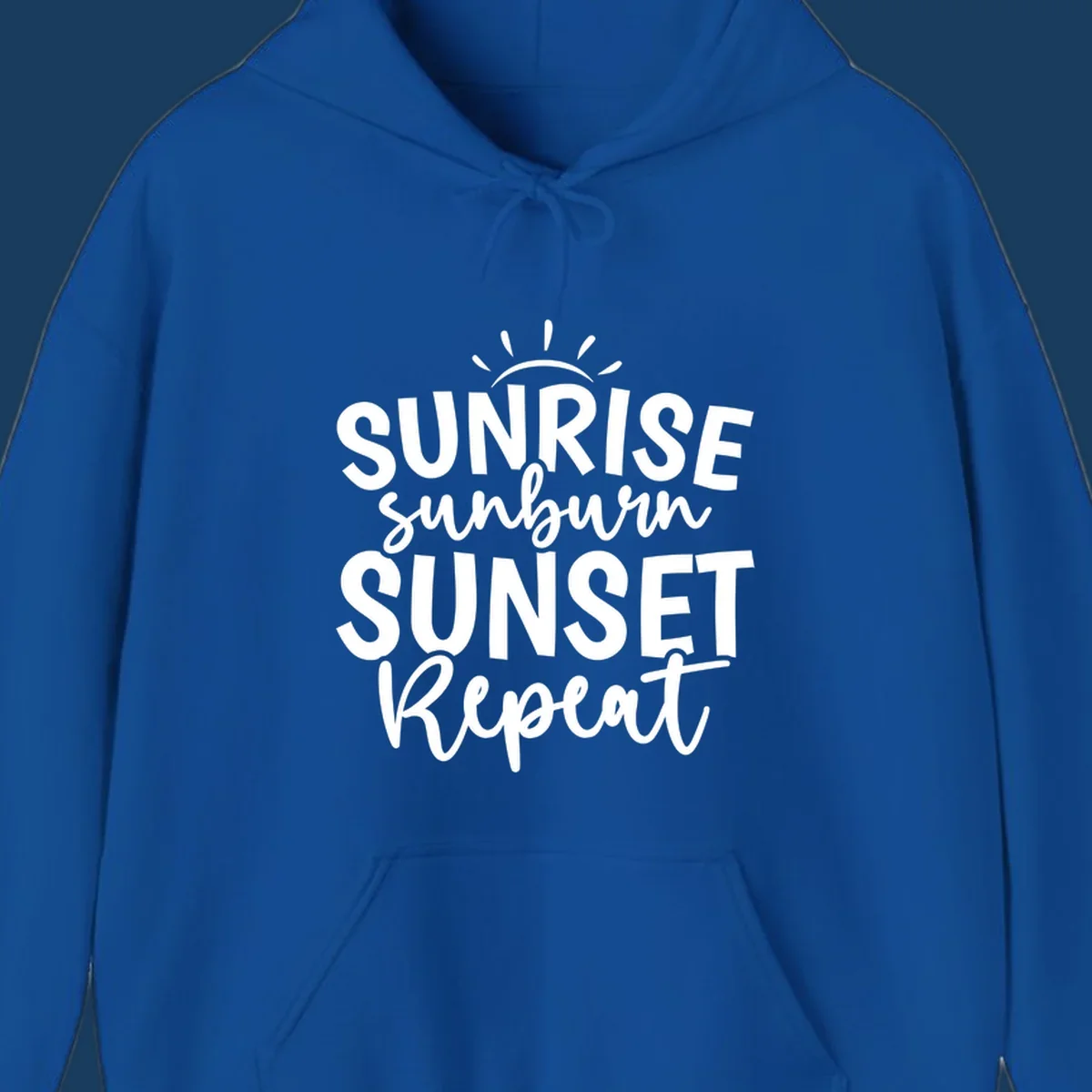Typography design with phrase Sunrise Sunburn Sunset Repeat and sun rays graphic.