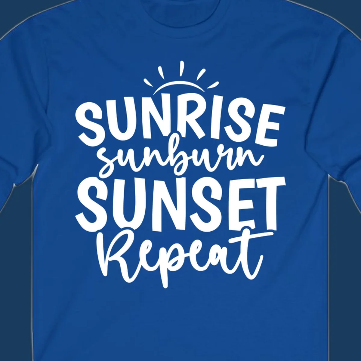 Typography design with phrase Sunrise Sunburn Sunset Repeat and sun rays graphic.