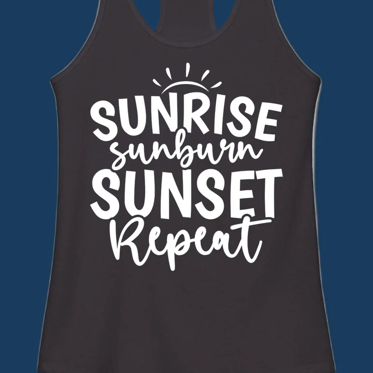 Typography design with phrase Sunrise Sunburn Sunset Repeat and sun rays graphic.