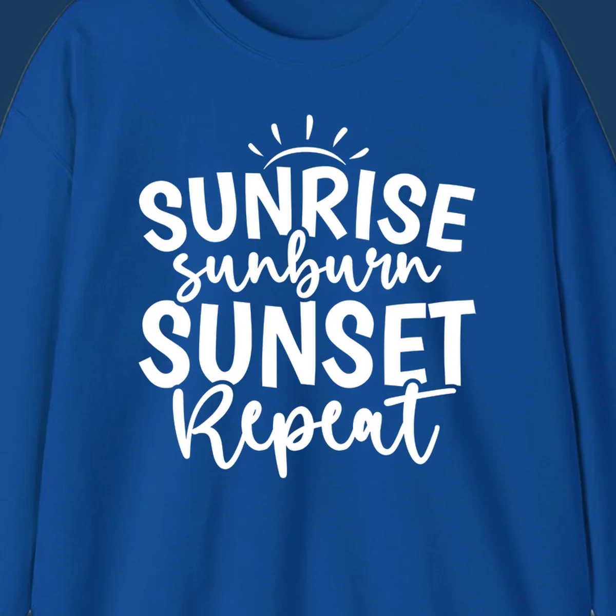 Typography design with phrase Sunrise Sunburn Sunset Repeat and sun rays graphic.