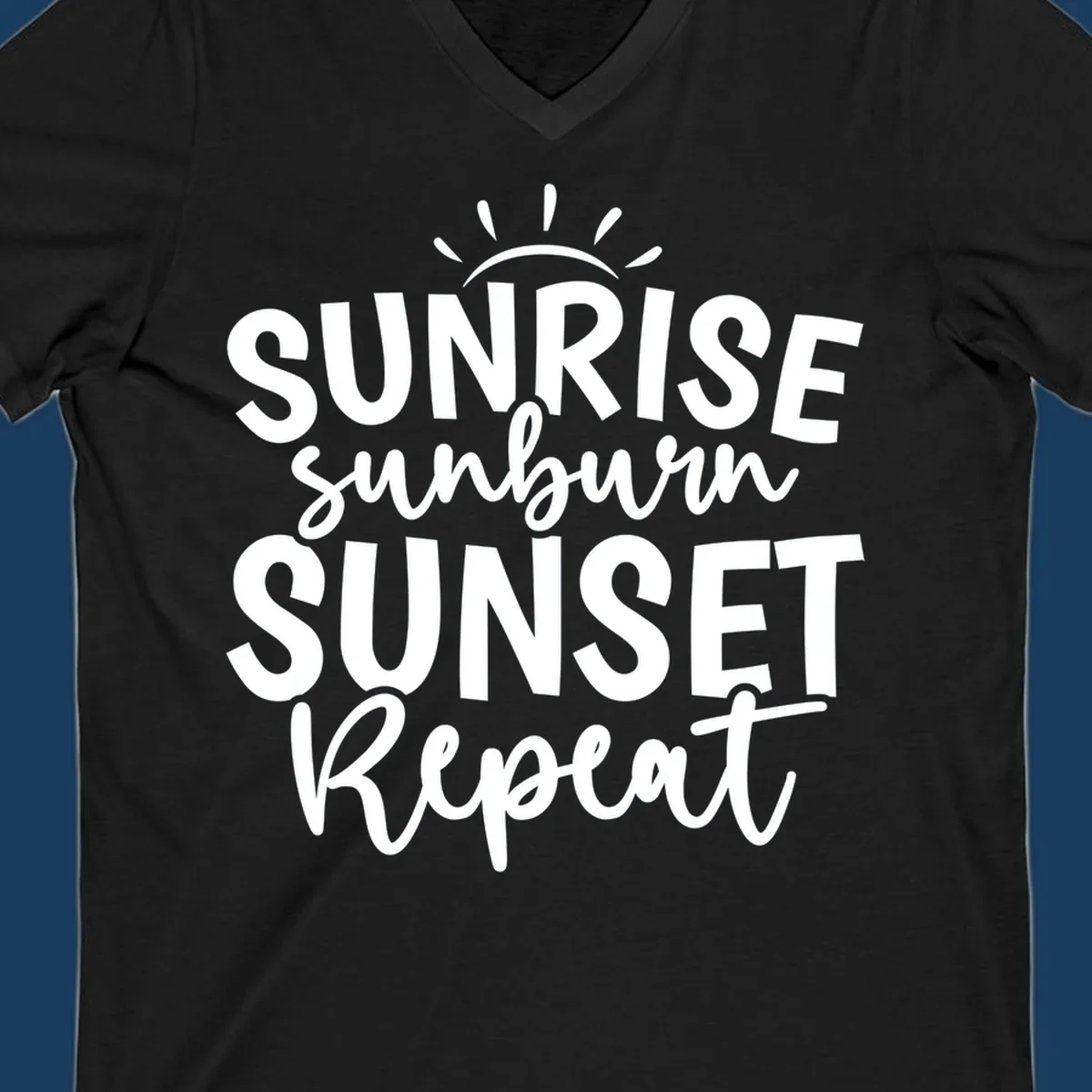Typography design with phrase Sunrise Sunburn Sunset Repeat and sun rays graphic.
