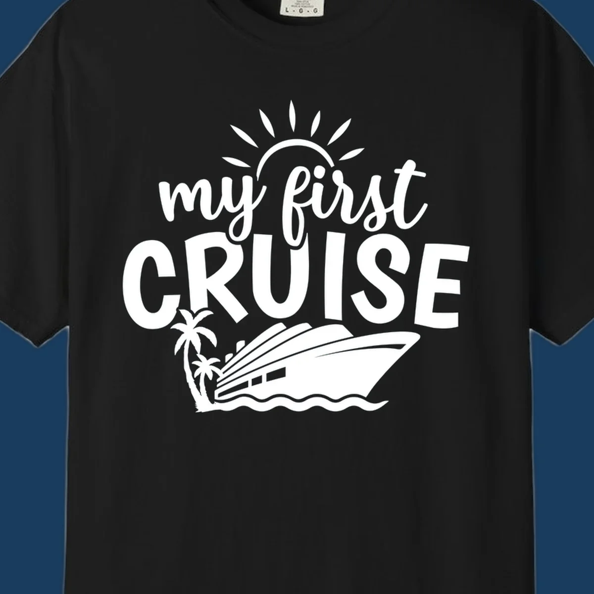 My first cruise design with text, cruise ship, palm trees, and sun.