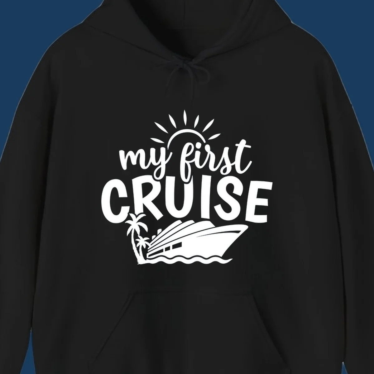 My first cruise design with text, cruise ship, palm trees, and sun.