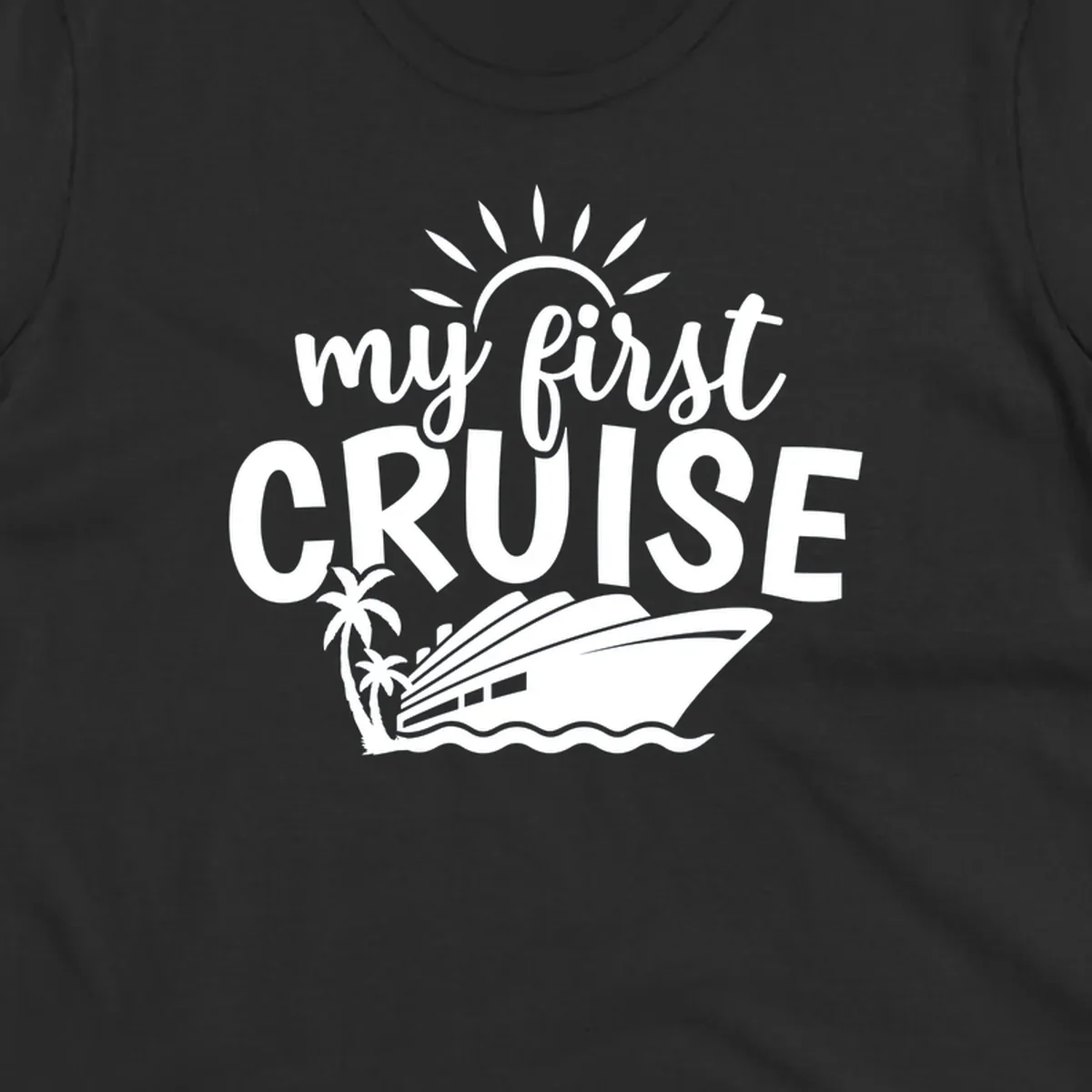 My first cruise design with text, cruise ship, palm trees, and sun.