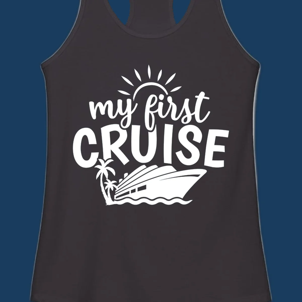 My first cruise design with text, cruise ship, palm trees, and sun.