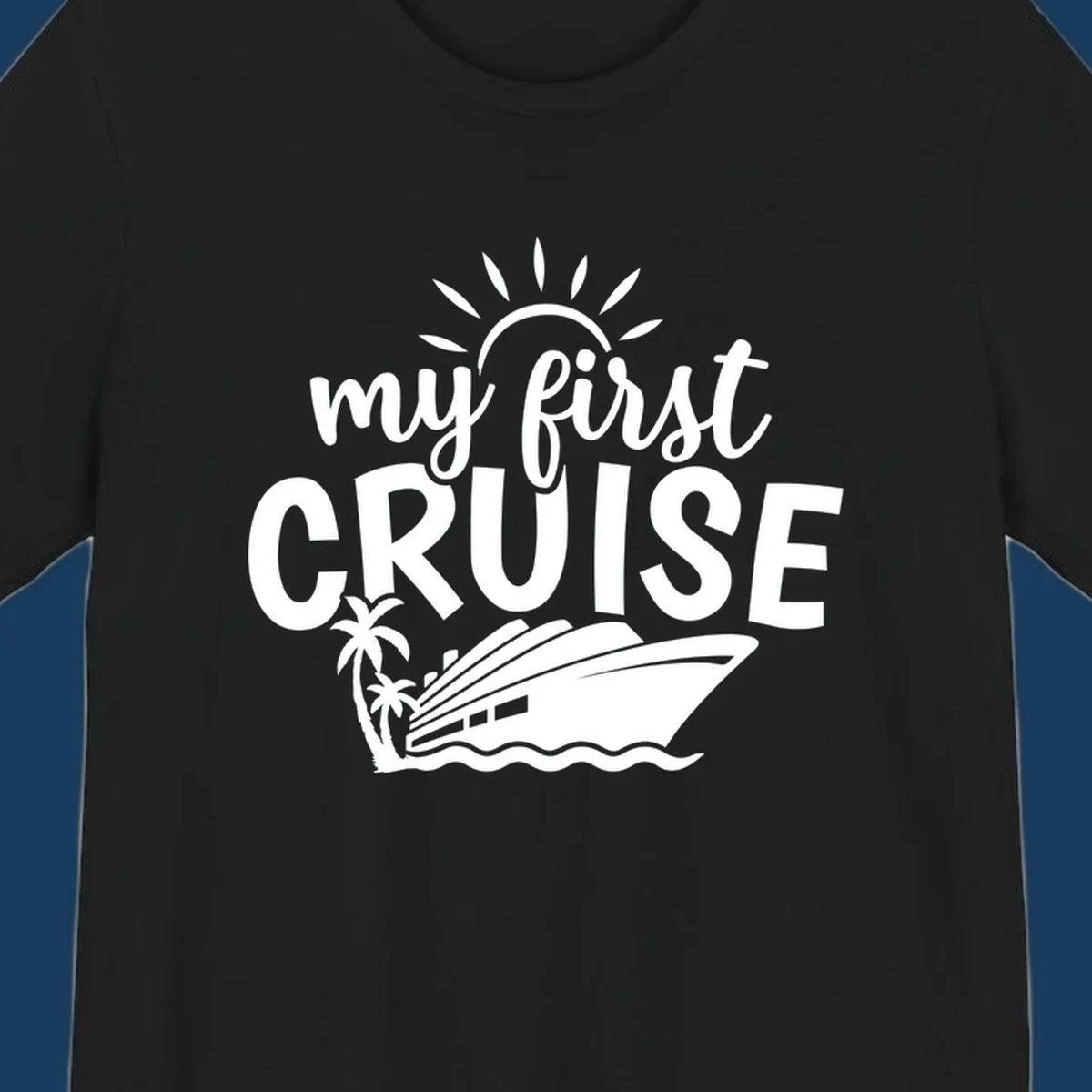 My first cruise design with text, cruise ship, palm trees, and sun.