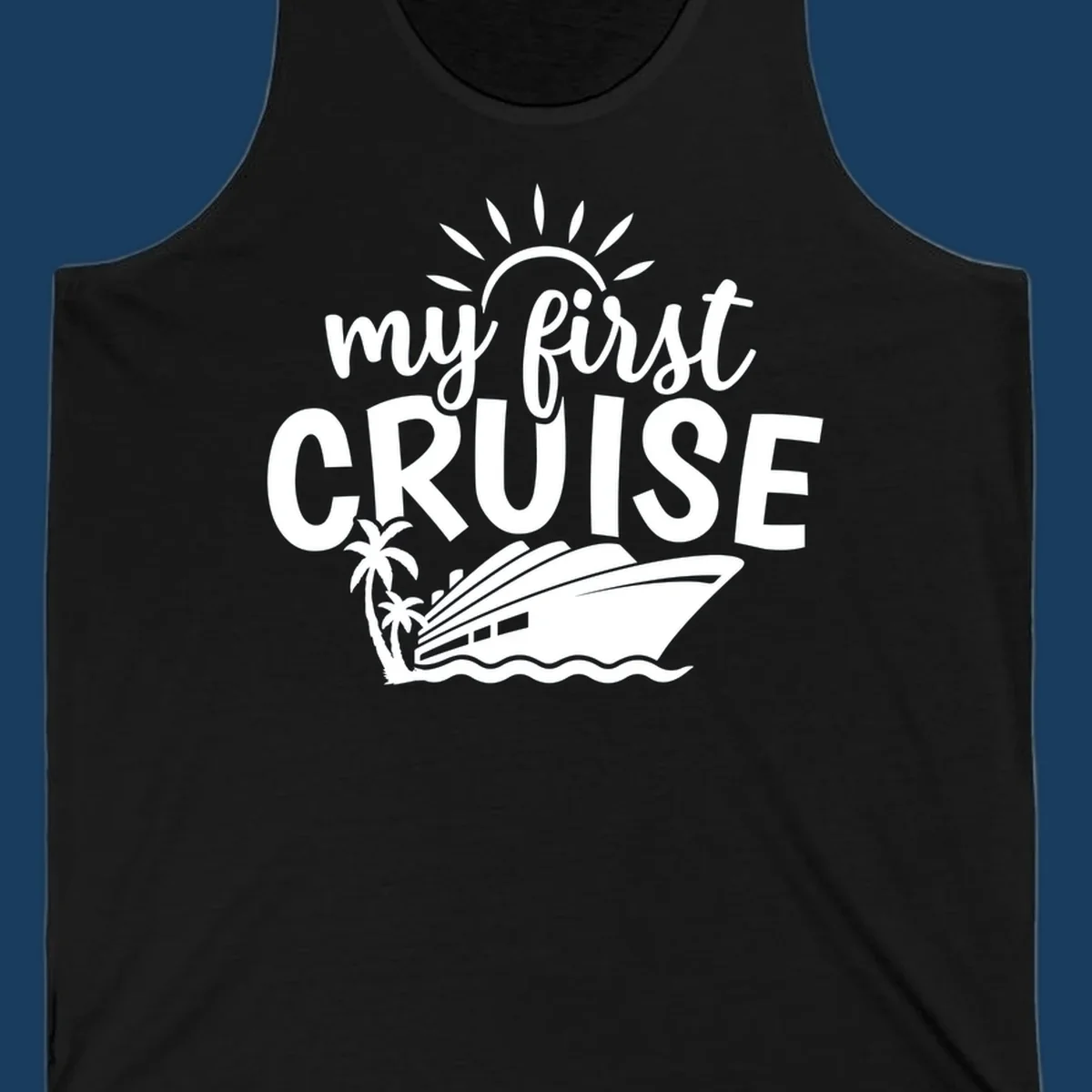 My first cruise design with text, cruise ship, palm trees, and sun.