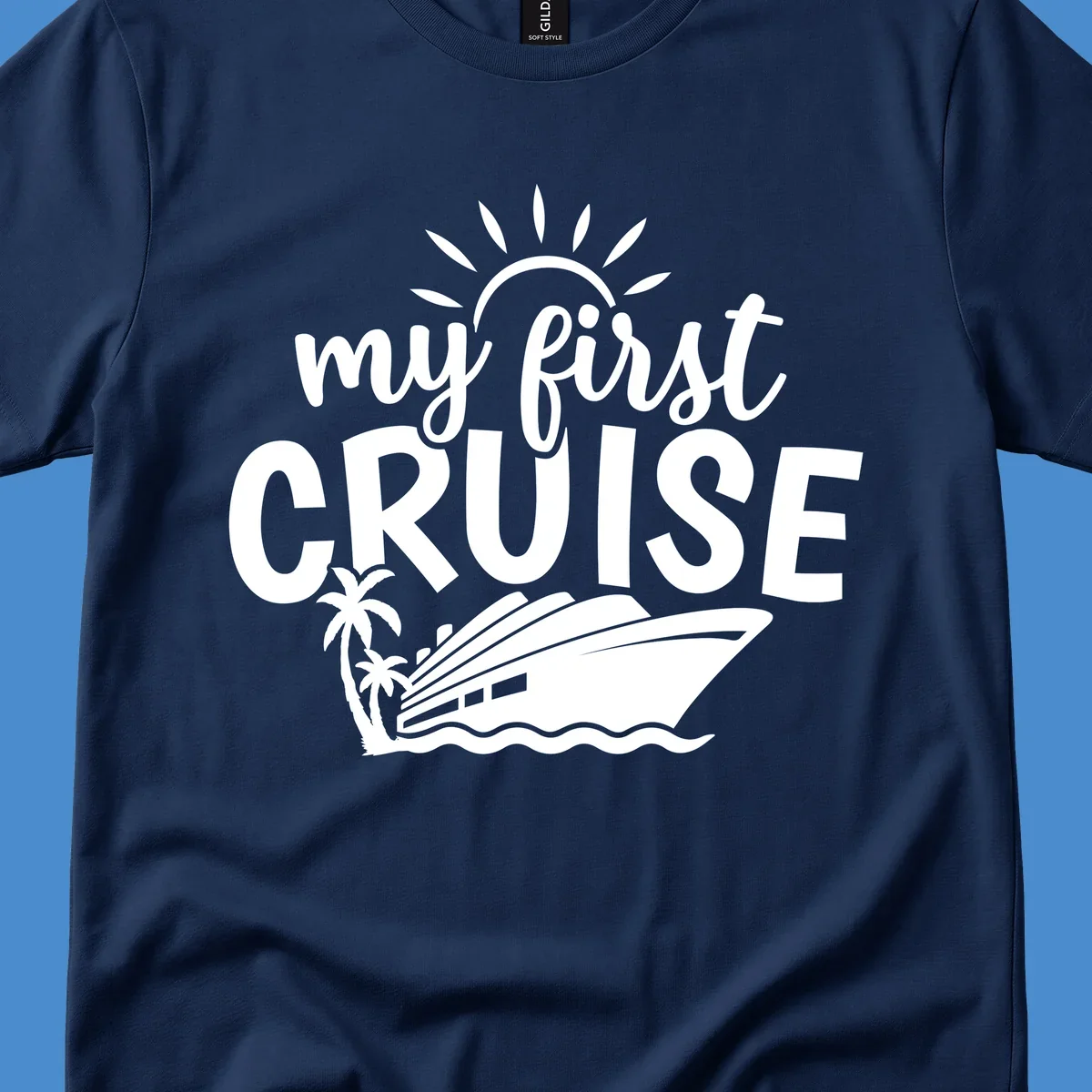 My first cruise design with text, cruise ship, palm trees, and sun.